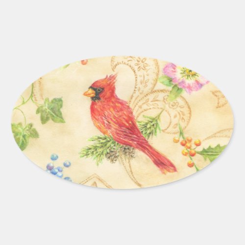 Christmas Stickers Cardinal Vintage Style Oval