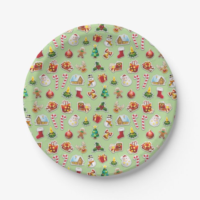Christmas Stickers Festive Pattern Paper Plates (Front)