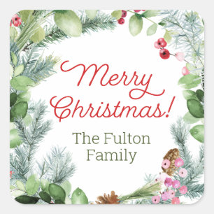 Christmas stickers, greenery and berries wreath square sticker