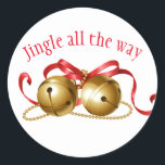 Christmas Stickers-Jingle Bells Classic Round Sticker<br><div class="desc">Holiday sticker shown with a festive Christmas jingle bells print.  
Customize or buy as is.</div>