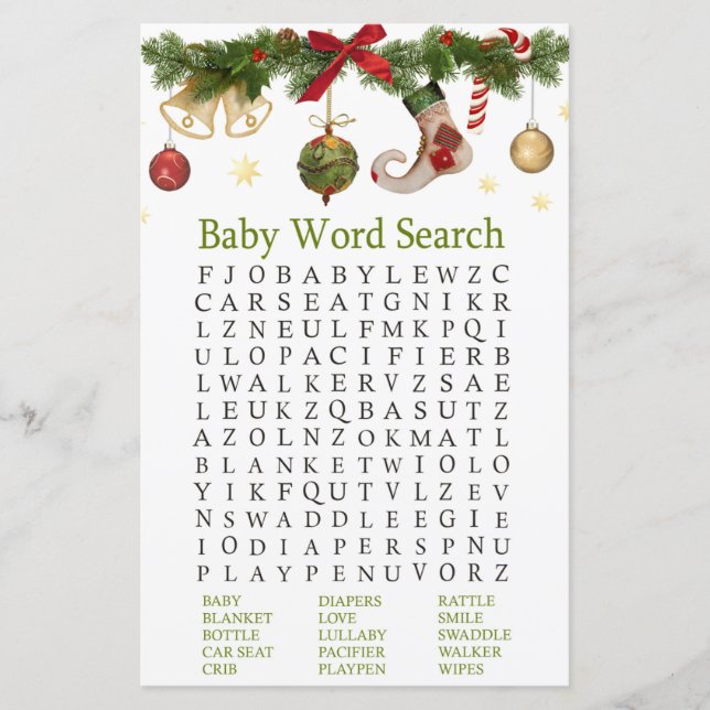christmas stocking Baby Shower Word Search Game (Front)