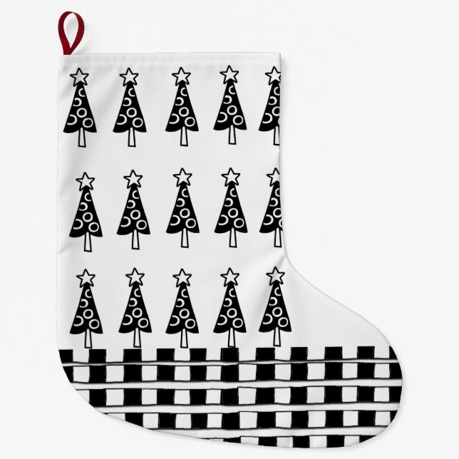 Christmas Stocking, Black & White Trees Checkered  Large Christmas Stocking (Front)
