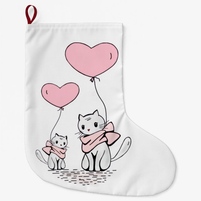 Christmas Stocking, Cat Red Hearts Love Large Christmas Stocking (Front)