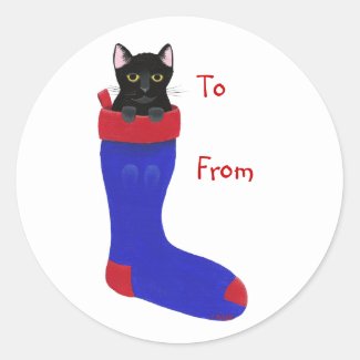 Christmas Stocking Cat, To, From Gift Stickers