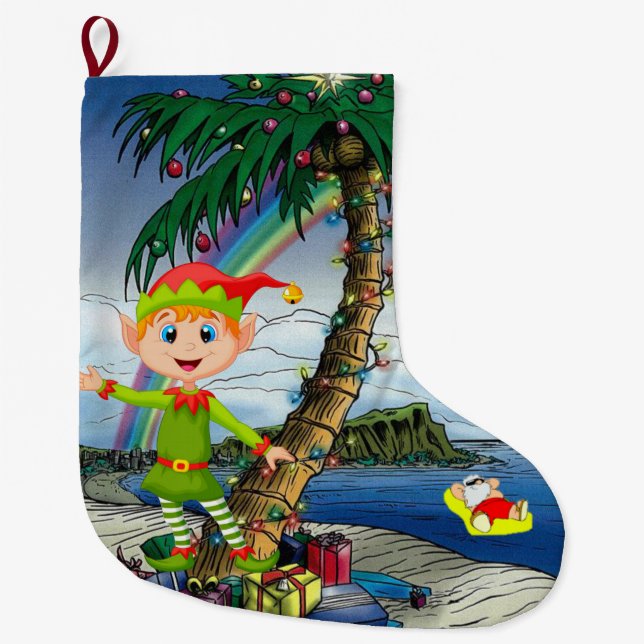 Christmas Stocking, Christmas Beach Elf Large Christmas Stocking (Front)