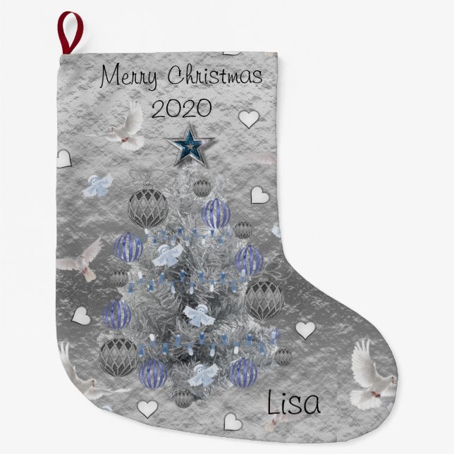 Christmas Stocking, Christmas Blue Silver Tree Large Christmas Stocking (Front)