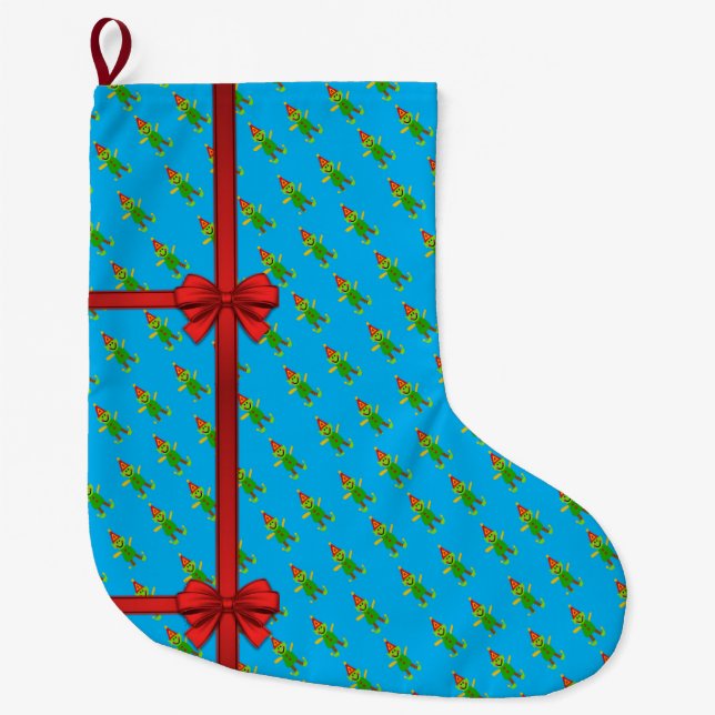 Christmas Stocking, Elf Blue Red Bow Large Christmas Stocking (Front)