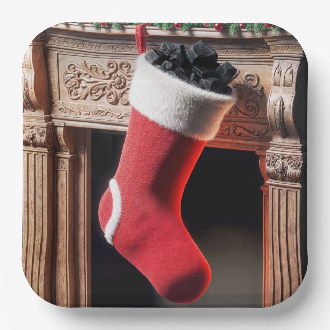 Christmas Stocking Filled With Coal Paper Plates (Front)