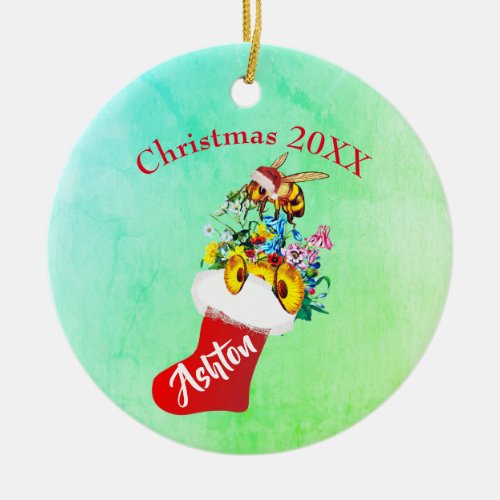 Christmas Stocking Flowers Bees Personal Photo Ceramic Ornament