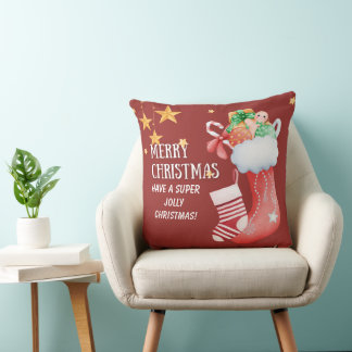 Christmas Stocking Full of Gifts Illustration Throw Pillow
