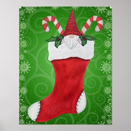 Christmas Stocking Gnome Candy Canes Snowflakes Poster