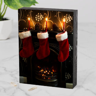 Christmas Stocking Hanging from the fireplace Wooden Box Sign