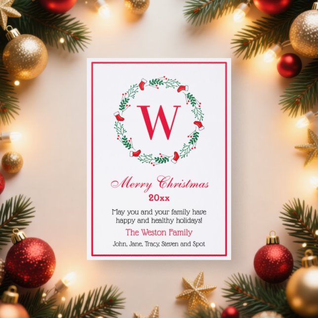 Christmas Stocking Holly Wreath Init Family Name F Letterpress Photo Cards (Insitu)