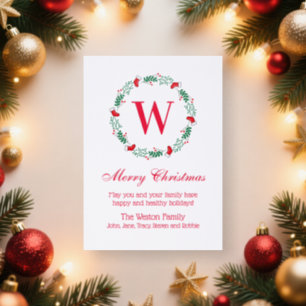 Christmas Stocking Holly Wreath Init Family Name N Letterpress Photo Cards