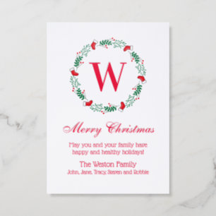 Christmas Stocking Holly Wreath Init Family Name N Letterpress Photo Cards