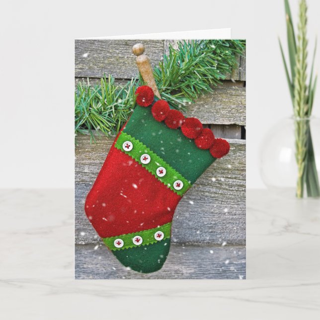 Christmas stocking in snowflakes holiday card (Front)