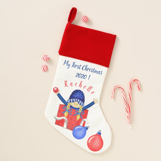Christmas Stocking - little girl, gnome, blond, (Front)