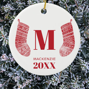 Christmas Stocking Monogram Name Year Red White Ceramic Ornament