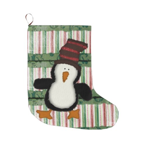 Christmas Stocking Penguin Plaid Green Stripes Large Christmas Stocking