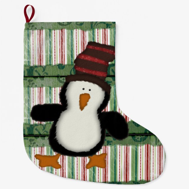 Christmas Stocking, Penguin Plaid Green Stripes Large Christmas Stocking (Front)