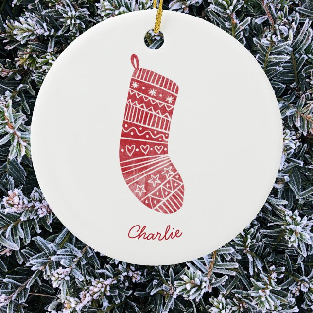 Christmas Stocking Personalized Name Red White Ceramic Ornament (Personalized script name Scandinavian Christmas stocking red and white ornament)