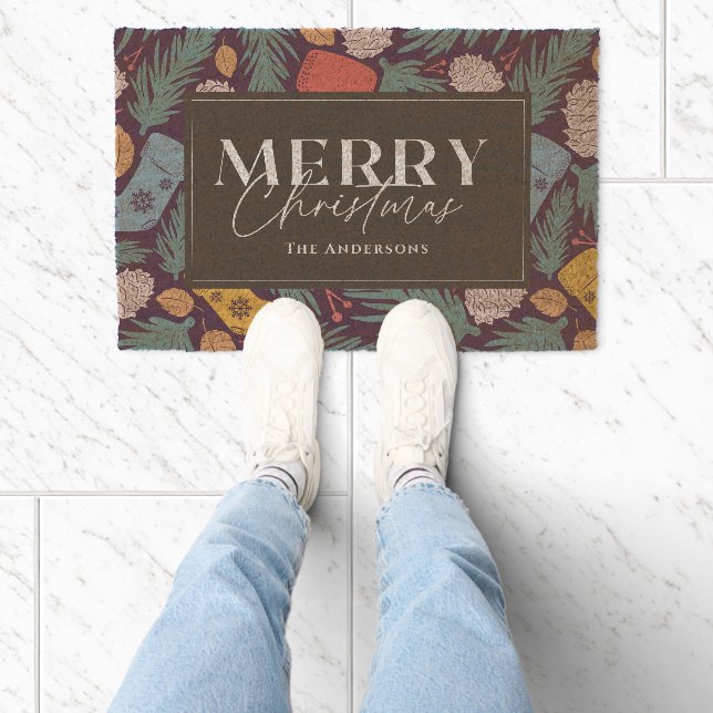 Christmas Stocking Pine Leaf Cone Holiday Coir Fiber Doormat (Insitu)