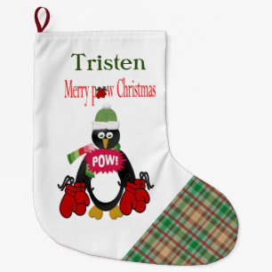 Christmas Stocking, Plaid Boxing Penguin Pow Larg Large Christmas Stocking