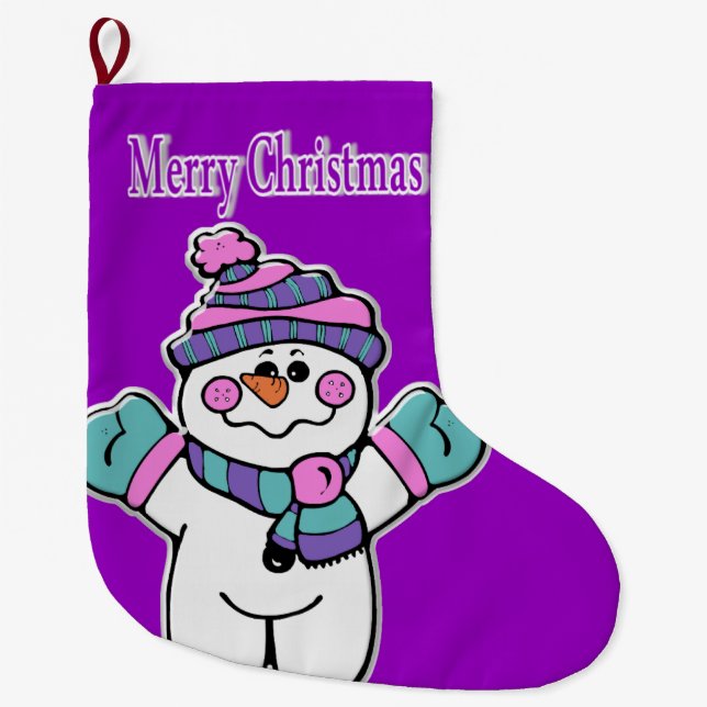 Christmas Stocking, Purple Snowman  Large Christmas Stocking (Front)