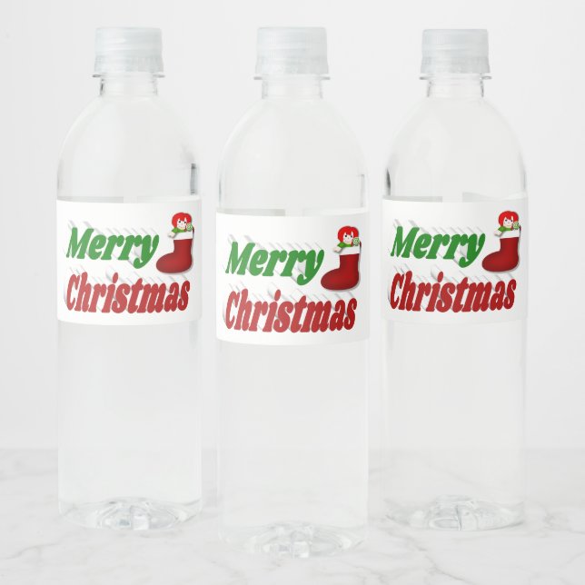 Christmas Stocking red green typography Water Bottle Label (Bottles)