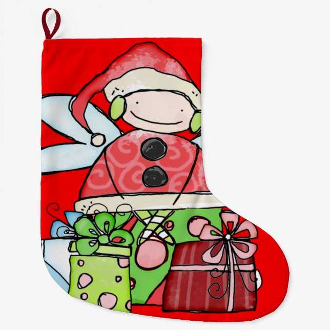 Christmas Stocking, Santa Angel Red Large Christmas Stocking (Front)