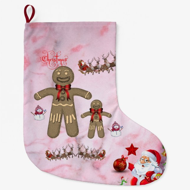 Christmas Stocking, Snowman Gingerbread Man Elf  Large Christmas Stocking (Front)