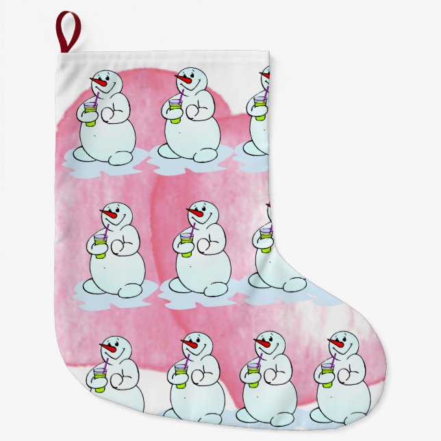Christmas Stocking, Snowman Pink  Large Christmas Stocking (Front)