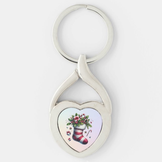 Christmas Stocking with Gifts and Candy Canes Keychain (Front)