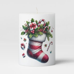 Christmas Stocking with Gifts and Candy Canes Pillar Candle