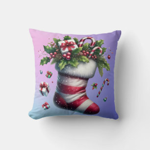Christmas Stocking with Gifts and Candy Canes Throw Pillow