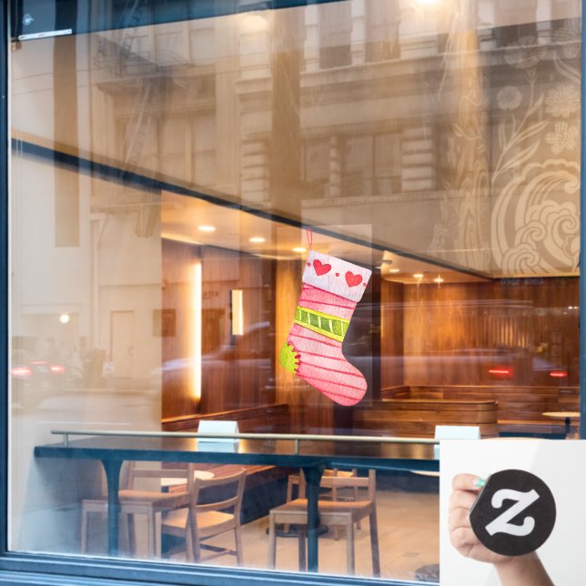 Christmas Stocking With Hearts  Window Cling (Cafe Window)