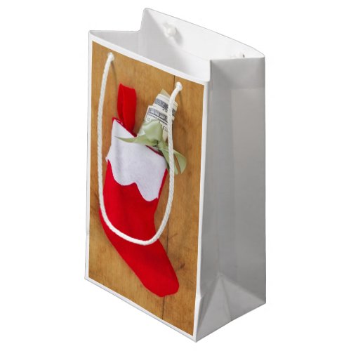 Christmas stocking with roll of money small gift bag