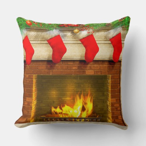 Christmas Stockings and Fireplace Throw Pillow