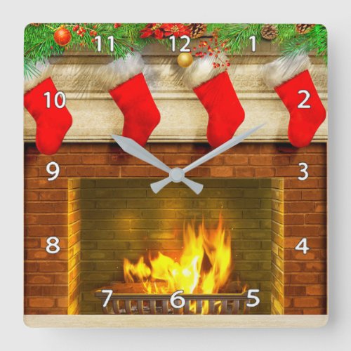 Christmas Stockings and Fireplace Wall Clock