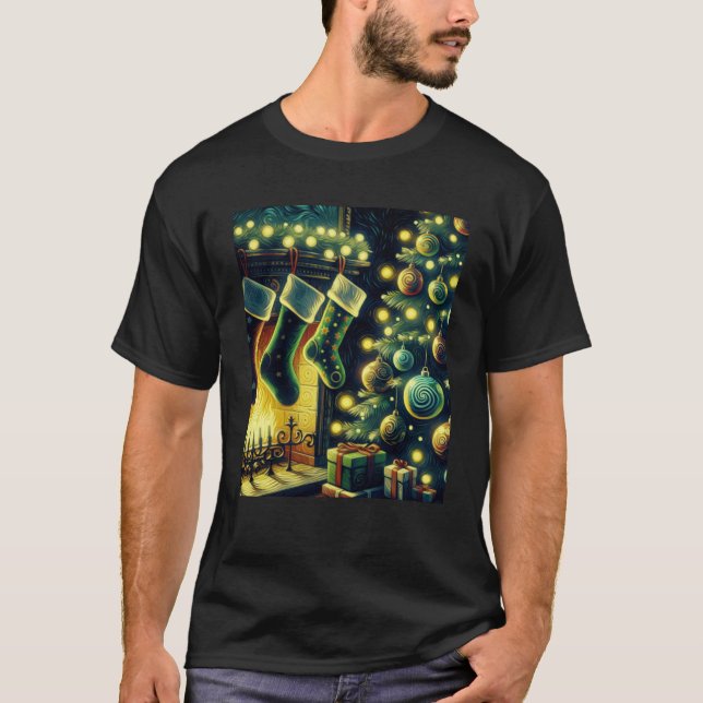 Christmas Stockings by the Fireplace Van Gogh Star T-Shirt (Front)