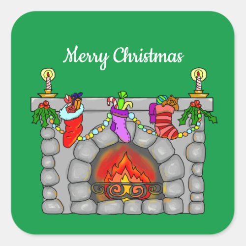 Christmas stockings fireplace square sticker