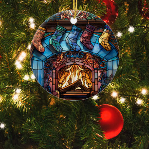 Christmas Stockings Fireplace Stained Glass Ceramic Ornament