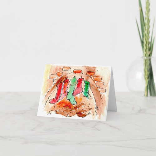 Christmas Stockings Fireplace Watercolor Card