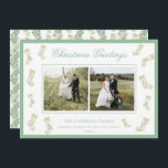 Christmas Stockings Garland Vintage Two Photos Holiday Card<br><div class="desc">Watercolor Christmas Stockings Green Vintage Photo Holiday Card. This beautiful Christmas Photo Card features watercolor Christmas garland with white bows as a frame for one photo. Back of invitation is Christmas Stockings with Christmas garland and bows. It is perfect if you are looking for classic, southern, grandmillenial Christmas photo card....</div>