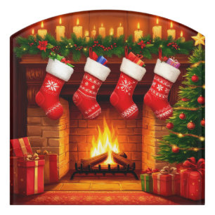 Christmas Stockings Hanging Above Warm Fireplace Door Sign