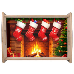 Christmas Stockings Hanging Above Warm Fireplace Serving Tray
