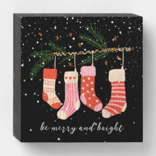 Christmas Stockings Hanging on Pine Branch Wooden Box Sign