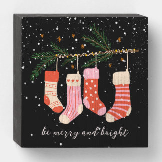 Christmas Stockings Hanging on Pine Branch Wooden Box Sign
