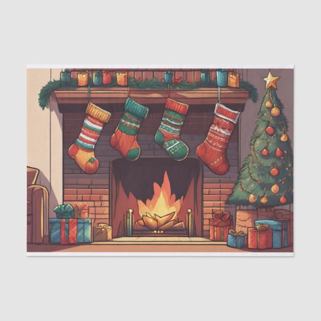 Christmas Stockings Hanging Over Fireplace  Tissue Paper (Front)