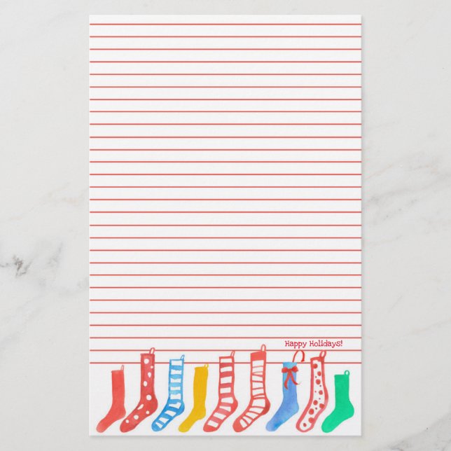 Christmas Stockings Happy Holidays Red Lined Stationery (Front)